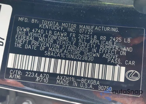2022 Lexus Es 300H from USA, damaged, VIN 58ACA1C1XNU023830